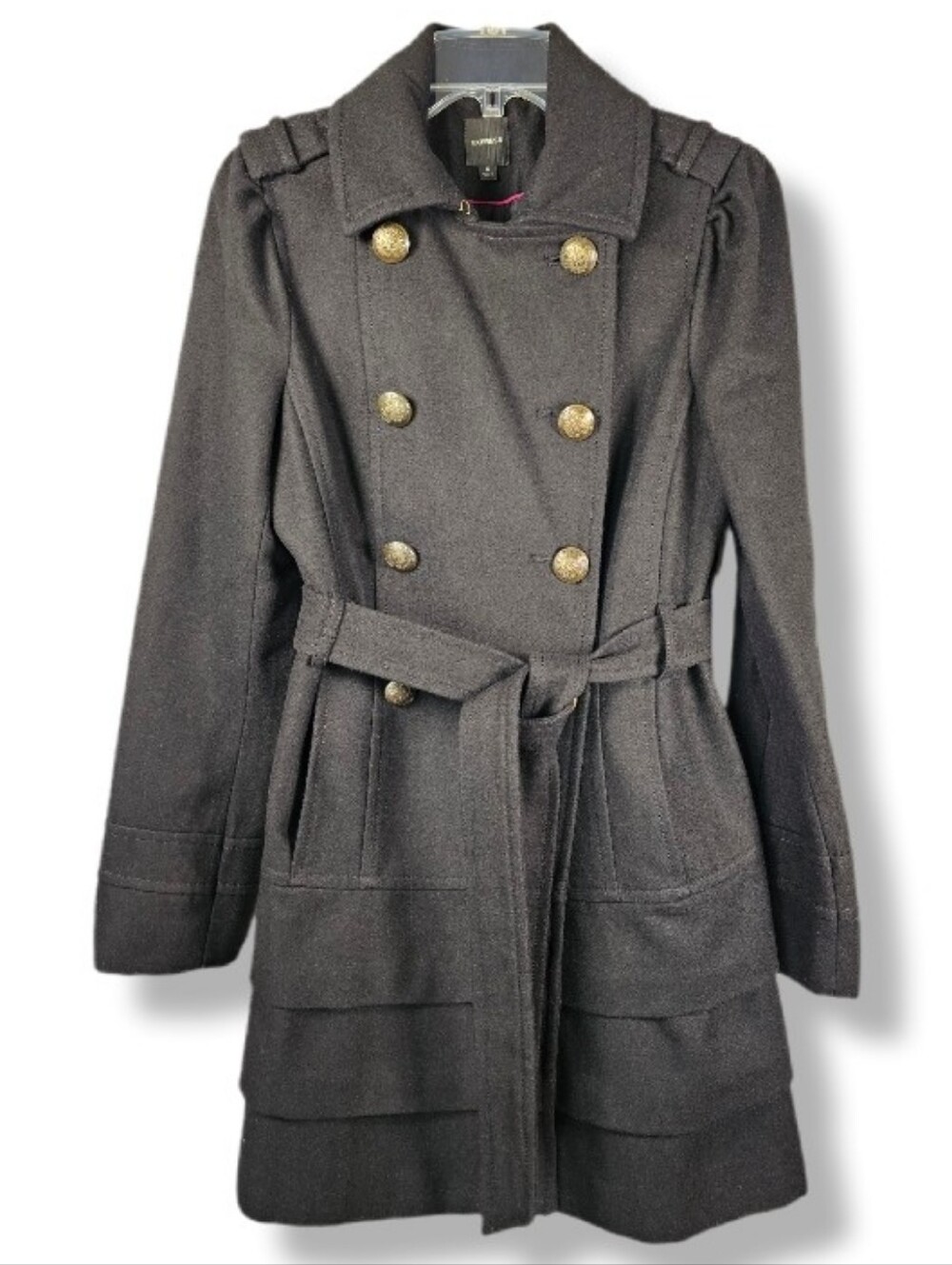 Express Wool Blend Military Double Breasted Tired Coat Sz S Tiered Tie Waist